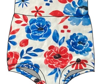 Baby toddler red white blue patriotic floral Fourth of July high waisted bummies - July 4th - Independence Day - 0/3mo-4/5