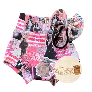 Baby toddler pink Space Wars collage high waisted bummies - May the 4th Fourth - 0/3mo-4/5