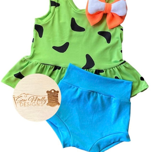 Baby girl toddler girl Pebbles tank peplum bummies 3 piece set - costume - birthday - 0/3-2T