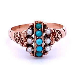 Georgian Turquoise and Seed Pearl 6k Gold Ring