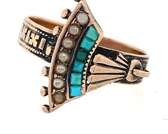 8k Rose Gold Turquoise & Seed Pearl Fan Ring