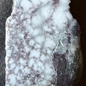 May include: A polished stone specimen featuring a white, cloud-like pattern with intricate, dark brown, web-like veining throughout the surface. The stone has an irregular, elongated shape with a smooth, glossy texture on the front face.
