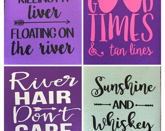 Personalized Custom BEER HOLDERS Killing My Liver Floating On The River, Sunshine and Whiskey, River Hair Don't Care, Good Times & Tan Lines