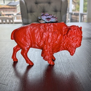 May include: A bright red ceramic planter shaped like a bison with a succulent plant growing inside.