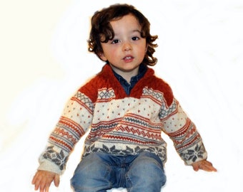 Baby nordic sweater, newborn hand knitted Scandinavian alpaca cardigan, kids handmade sweater