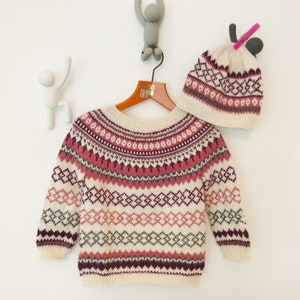Handmade sweater and hat, Fair isle knitsweater, nordic sweater, norwegian hat, jumper for kids, colorfull sweater boy and girl