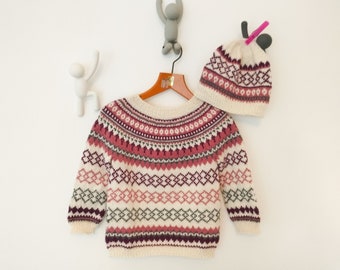 Handmade sweater and hat, Fair isle knitsweater, nordic sweater, norwegian hat, jumper for kids, colorfull sweater boy and girl