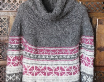 Hand knitted  sweater in Alpaca and silk,  woman sweater, fair isle, nordic sweater, collo alto,maglione ai ferri i