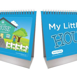 May include: A blue and white felt board book titled "My Little House" with a colorful illustration of a house on the front cover. The back cover has the title "My Little House" and lists activities like describing actions, answering questions, following directions, and sequencing events.