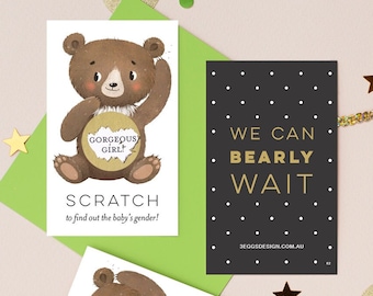 Gender Reveal Scratch Off Cards, We Can Bearly Wait, Bear Theme, Pregnancy Announcement, Mail, Baby Shower Game, Boy or Girl, 12 or 24 Pack