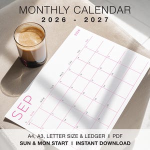 2026-2027 Monthly Calendar Printable • A3, A4, Letter and Ledger Sizes (PDF) • Sunday or Monday Start • With/Without Week Numbers