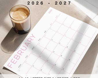 2026-2027年 月間カレンダー、印刷可能なPDF、A4/A3/レターサイズ、日曜・月曜開始、デジタル、BLK03CF