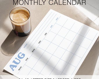 Monthly Blank Calendar, Monthly Planner, Sunday & Monday Start, A4, A3, Letter Size, Ledger, 5 Week, 6 Week, Printable PDF, Digital, BLK01C