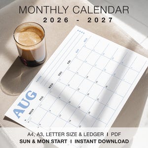 2026 2027 カレンダー、月間プランナー、月間カレンダー、日曜・月曜始まり、A4、A3、レターサイズ、元帳、印刷可能なPDF、デジタル、BLK01C