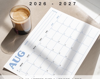 2026 2027 Calendar, Monthly Planner, Monthly Calendar, Sunday & Monday Start, A4, A3, Letter Size, Ledger, Printable PDF, Digital, BLK01C