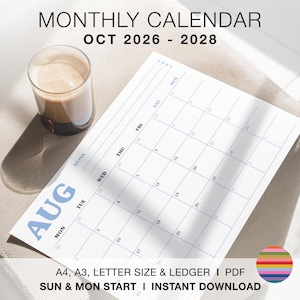 May include: A monthly calendar page for August with a grid layout, blue text, and the headers MONTHLY CALENDAR OCT 2026 - 2028, A4, A3, LETTER SIZE & LEDGER | PDF, SUN & MON START | INSTANT DOWNLOAD, and a small multicolored circle icon.
