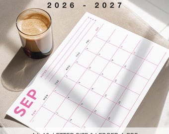 2026-2027年 月間カレンダー 印刷可能、ミニマリスト PDF プランナー (A3、A4、レター、元帳)、日曜または月曜開始