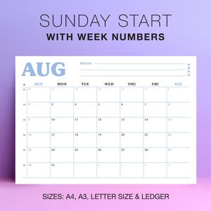 以下が含まれることがあります： 2026年8月の白いカレンダーで、上部に「SUNDAY START WITH WEEK NUMBERS」というテキストがあります。「AUG」の月は水色です。カレンダーにはA4、A3、レターサイズ、レジャーサイズが含まれています。