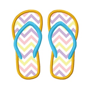 May include: A pair of yellow flip-flops with a chevron pattern in pink, yellow, and purple. The flip-flops have blue straps.