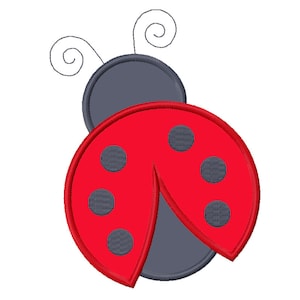 May include: A red ladybug with black spots and gray wings. The ladybug has two curled antennae.