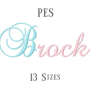 May include: A digital embroidery design of the name "Brock" in a cursive font. The "B" is in a light blue colour and the rest of the name is in a light pink colour. The design is available in 13 sizes.