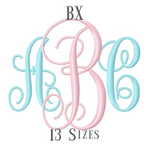 May include: A monogram design with the letters A, B, and C in a script font. The letters are in pink and blue. The text "BX" and "13 SIZES" are also included in the image.