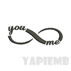 May include: Black infinity symbol with the words "you" and "me" inside, forming a continuous loop.