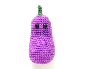 Kawaii Knitted Eggplant, Purple Crochet Vegetable Toy