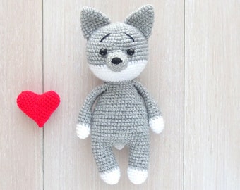Crocheted Wolf Plush with Heart, Amigurumi Toy