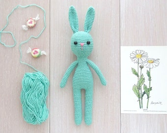 Mint Knitted Bunny, Crochet Amigurumi Toy, Baby Plush