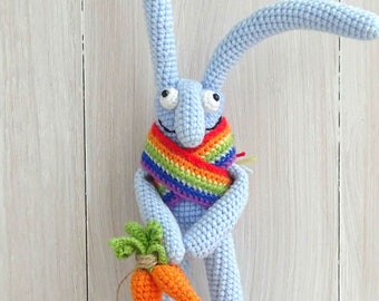 Crocheted Bunny Toy with Rainbow Scarf, Handmade Amigurumi Rabbit