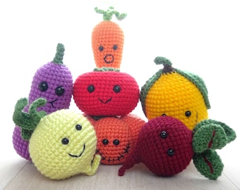 Crochet Play Food Set: Knitted Vegetables with Faces, Amigurumi Set of 7