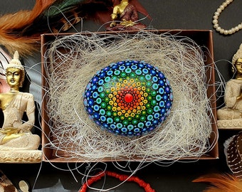 Painted Rainbow Mandala Rock, Chakra Meditation Stone