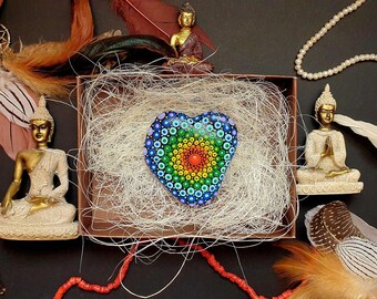 Rainbow Heart Mandala Painted Rock, Chakra Meditation Stone