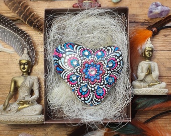 Painted Heart Rock Mandala, Natural Sea Stone Art