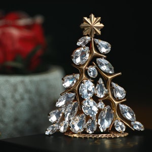 Impressive glitzy gold table top Christmas tree, handcrafted with Clear coloured Czech rhinestone crystal ornament decorations.