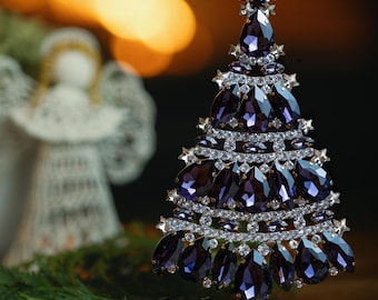 Meticulous handcrafted table top Christmas Tree decorated with Clear and Amethyst coloured Czech rhinestone crystals.