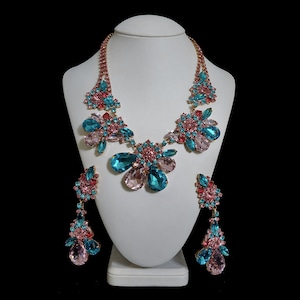 Pink and Aqua Handmade Unique Earrings and Necklace Parisienne - necklace and earring jewelry set