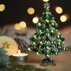 Delightful Christmas tree, handcrafted with Clear, Emerald and Peridot Czech rhinestone crystal ornament balls and decorations.