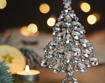 Delightful table top Christmas tree, handcrafted with Clear coloured Czech rhinestone crystal ornament balls and decorations.