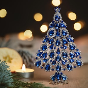 Splendid table top Czech Christmas Tree, handcrafted with beautiful Clear and Sapphire rhinestone crystal ornament Splendid Christmas Tree