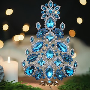 Bold Christmas Tree (Aqua), Vintage Christmas tree handcrafted with aqua rhinestones.