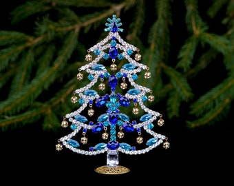 Handcrafted table top Christmas tree, with Clear, Sapphire and Aqua  crystals.