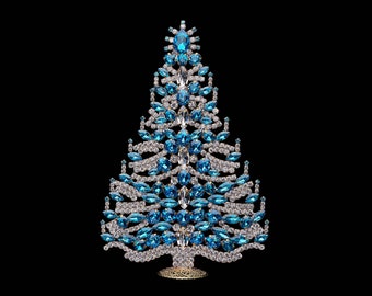Sparkling Pinnacle Christmas Tree (Aqua), Handmade tabletop Christmas tree with aqua rhinestones.