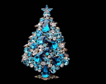 3D Magical Star Christmas Tree (Aqua), Czech handmade magical 3D Christmas tree in blue rhinestones.