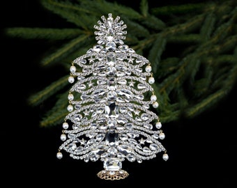 Decorative table top Christmas tree, handcrafted with glass tree ornaments in Clear coloured Czech rhinestone crystals.