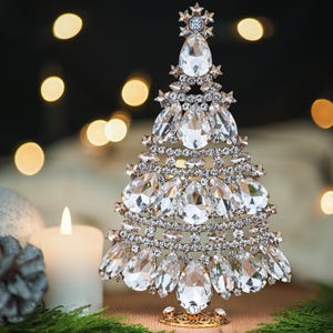 Meticulous handcrafted Czech Tree decorated with Clear coloured rhinestone crystal. Incredible glass table top Christmas tree.