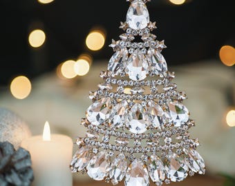 Meticulous handcrafted Czech Tree decorated with Clear coloured rhinestone crystal. Incredible glass table top Christmas tree.