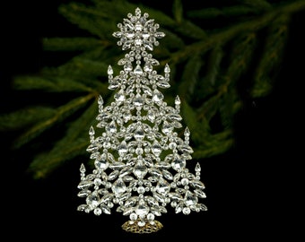 An intricate table top Xmas tree, handcrafted with Clear coloured Czech rhinestone crystals with Christmas decorations.