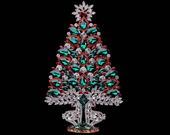 Christmas Tree Jewel Sprigs (Green and Red), Czech handmade tabletop Christmas tree  from colored rhinestones.